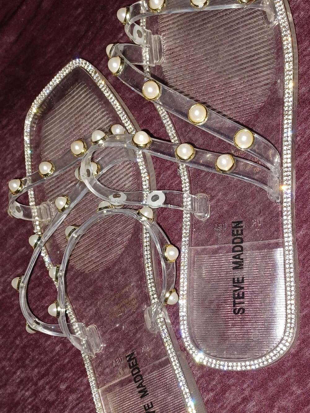 Steve Madden Clear Pearl-Trim Pearl Gold Jelly Sandals Shiny Sparkley